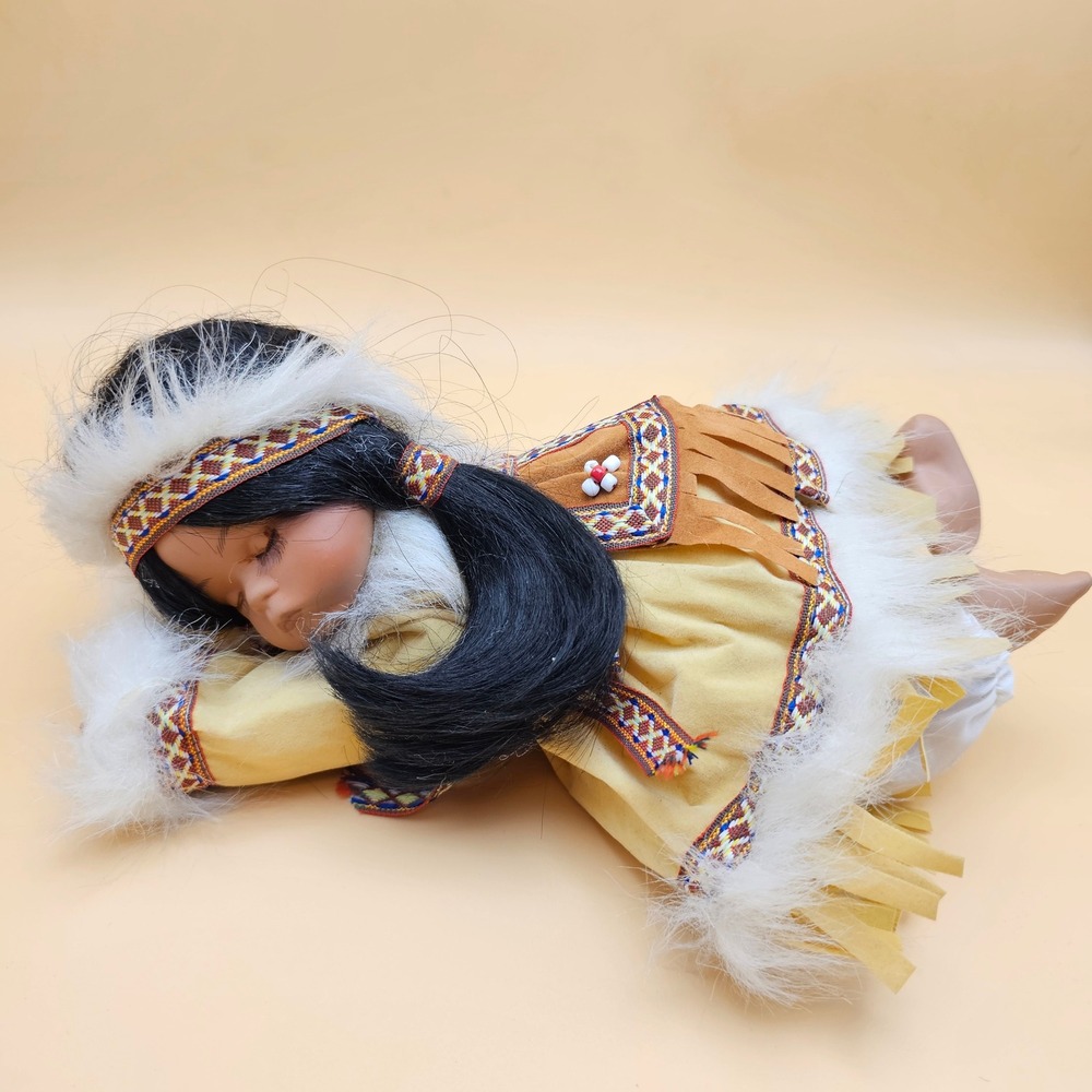 Native American Inspired Sleeping Doll Porcelain Face Faux Fur Trimmed